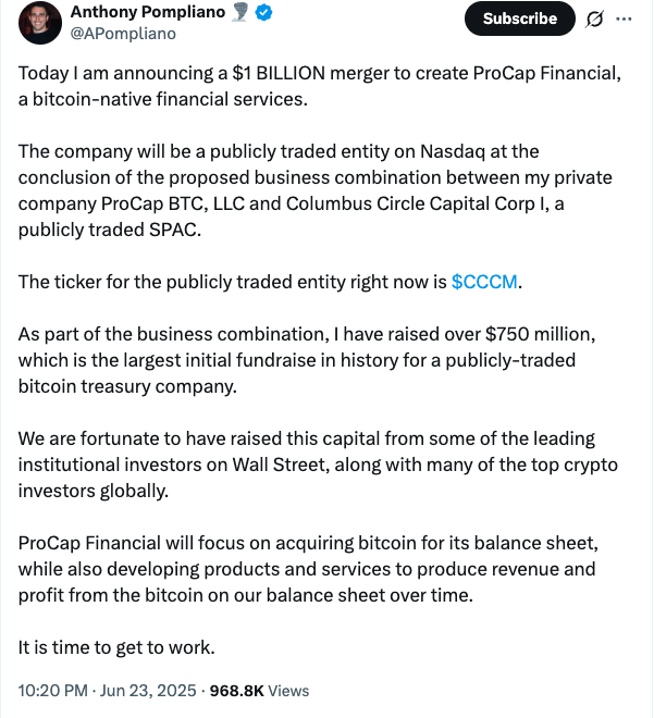 Η ProCap του Anthony Pompliano στο χρηματιστήριο μέσω SPAC