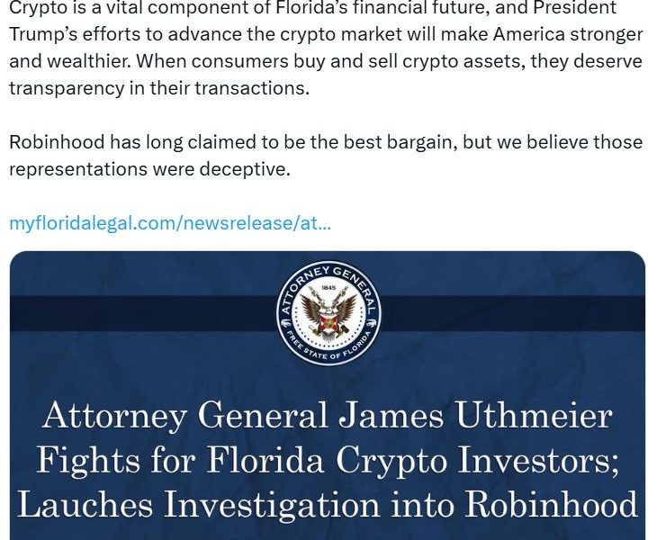 Η Robinhood υπό έρευνα στη Φλόριντα για παραπλανητική προώθηση κρυπτονομισμάτων