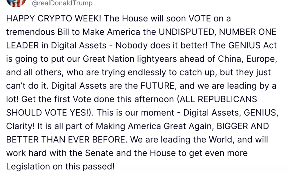 Ο Τραμπ Καλεί τους Ρεπουμπλικάνους να Υποστηρίξουν το GENIUS Act